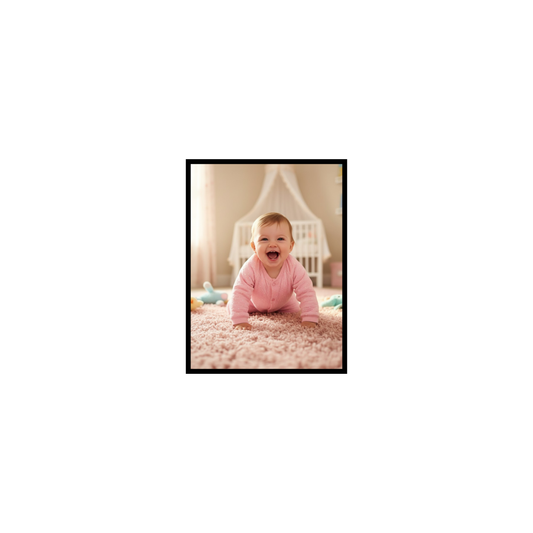 Pixora Happy Crawling Baby in Pink Romper Art - A4 Size Black Framed Nursery Wall Decor