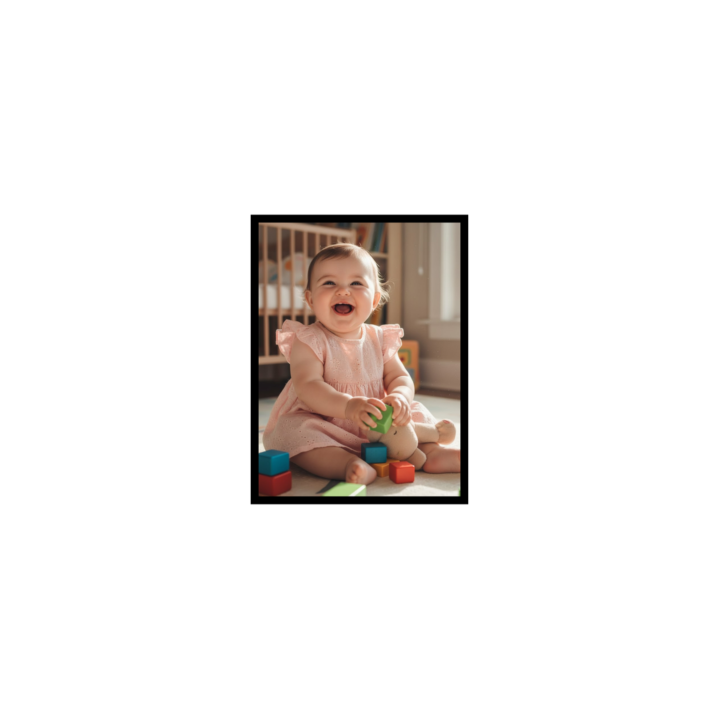 Pixora Cute Baby Girl Playing with Blocks Art - A4 Size Black Framed Nursery Wall Decor