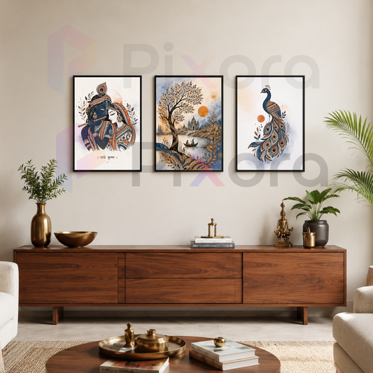 Pixora Traditional Radha Krishna, Vrindavan, and Peacock Art - Set of 3 A4 Size Black Framed Spiritual Wall Decor Gallery