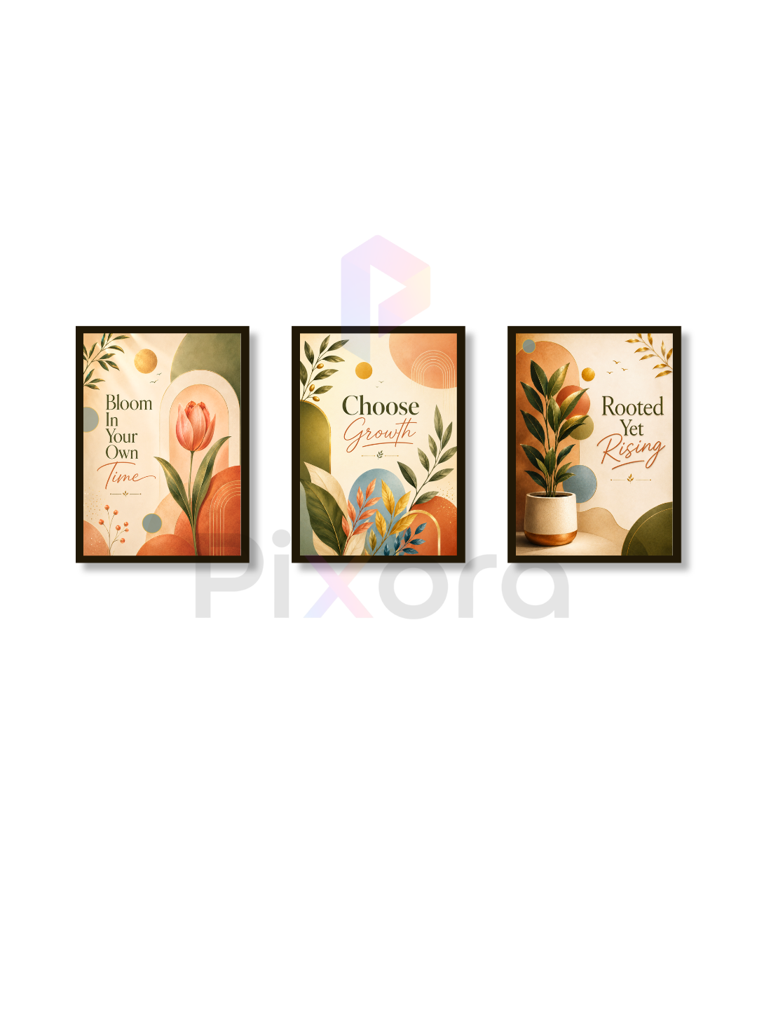 Pixora Bloom, Grow & Rise Motivational Botanical Wall Art Frames - Set of 3 (A4 & A3 Size)