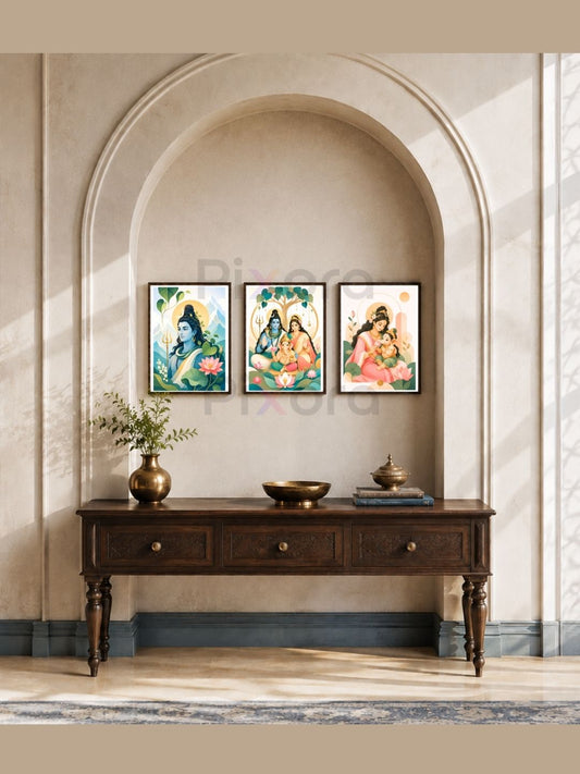 Pixora Shiv Parivar Divine Family Photo Frame - Set of 3