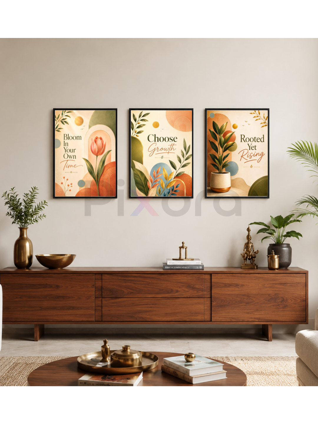 Pixora Bloom, Grow & Rise Motivational Botanical Wall Art Frames - Set of 3 (A4 & A3 Size)