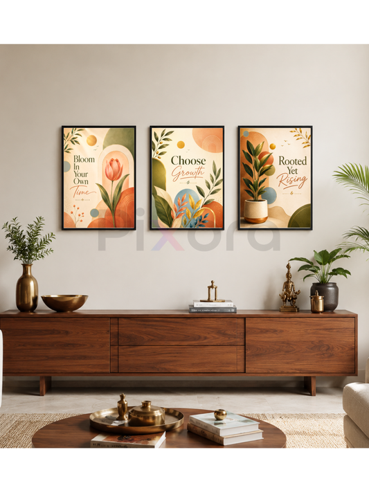 Pixora Bloom, Grow & Rise Motivational Botanical Wall Art Frames - Set of 3 (A4 & A3 Size)
