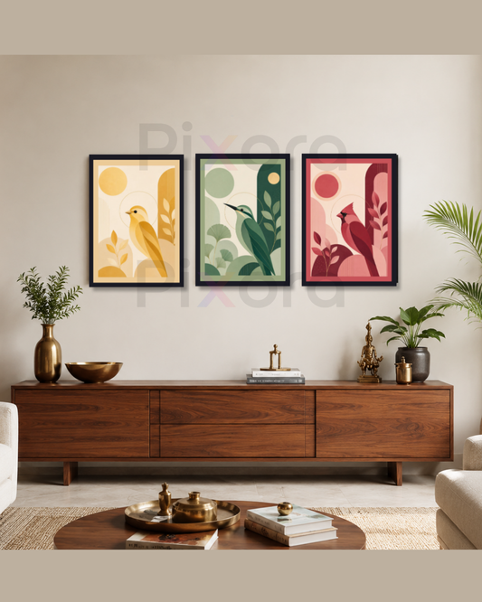 Pixora Boho Birds Trio Wall Art Set of 3 Framed Prints | Modern Nature Wall Decor