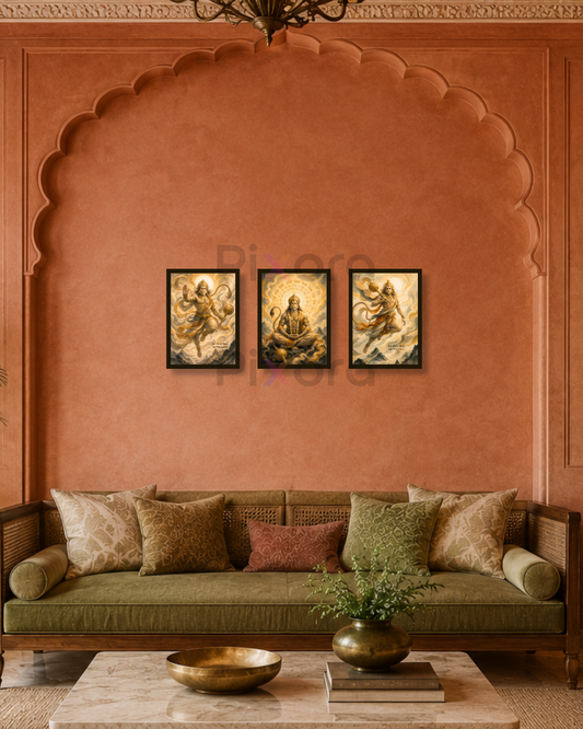 Pixora Jai Shree Ram Hanuman Ji Divine Trio Photo Frame | Set of 3 Framed Prints for Home, Pooja Room & Temple Decor