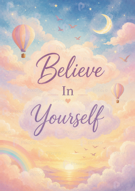 Pixora Believe, Dream & Achieve Motivational Sky Wall Art Frames - Set of 4 (A4 & A3 Size)