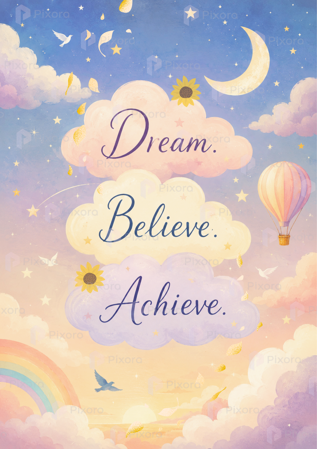 Pixora Believe, Dream & Achieve Motivational Sky Wall Art Frames - Set of 4 (A4 & A3 Size)