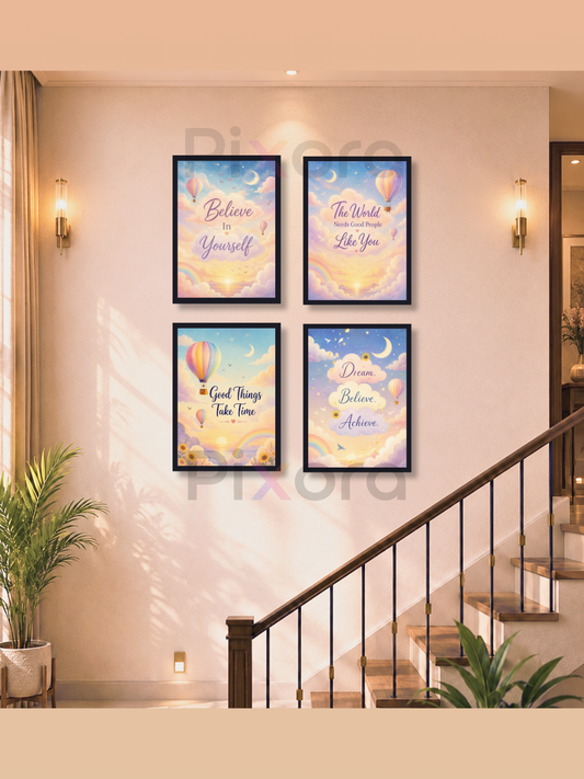 Pixora Believe, Dream & Achieve Motivational Sky Wall Art Frames - Set of 4 (A4 & A3 Size)