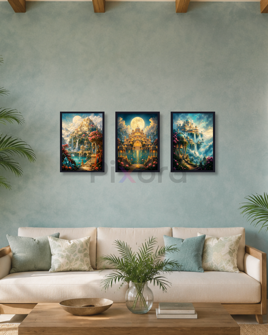 Pixora Celestial Indian Palace Fantasy Landscape Photo Frame Set of 3