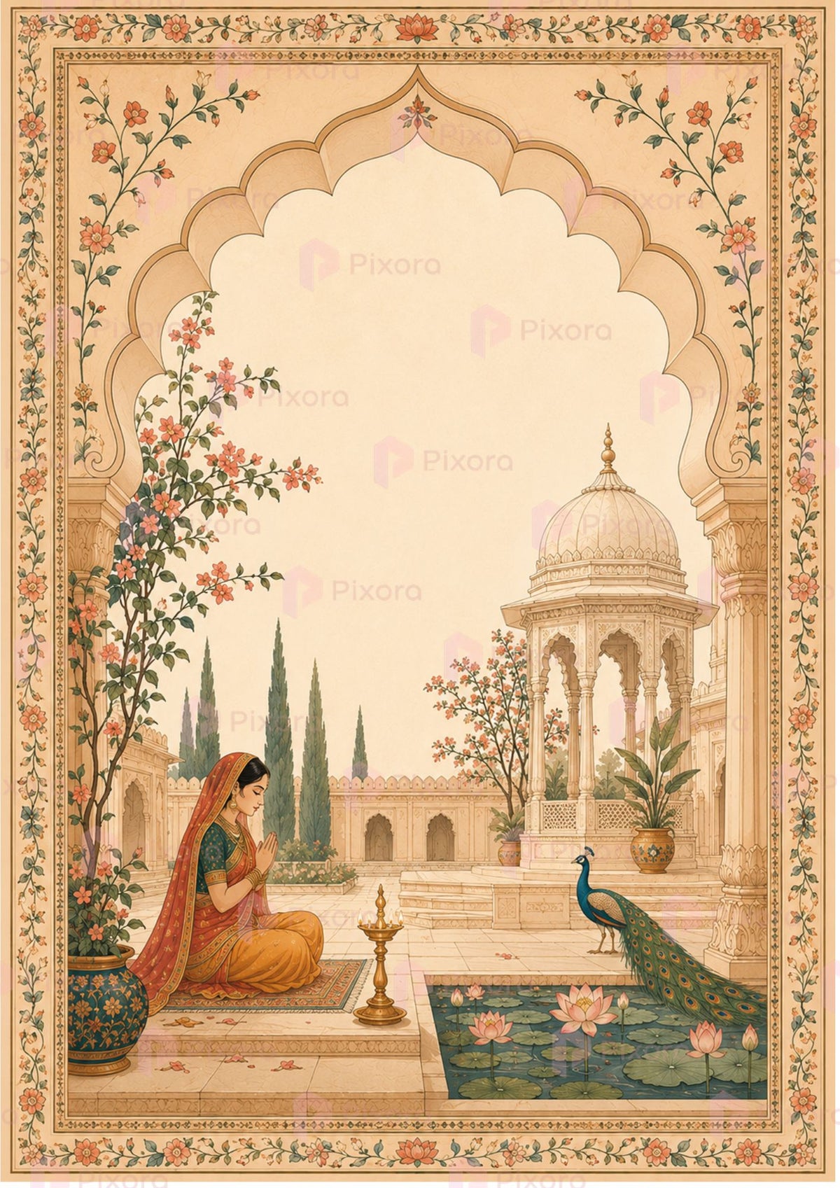 Pixora Royal Mughal Palace Peacock Photo Frame - Set of 3 Indian Heritage Art Prints
