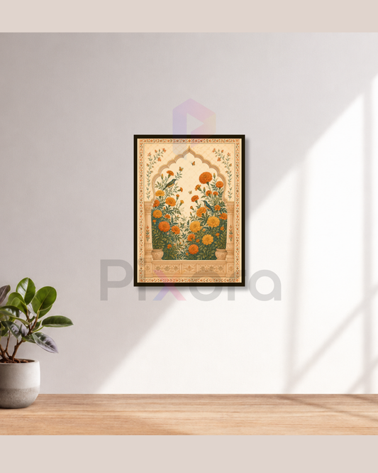 Pixora Mughal Floral Garden Photo Frame - Indian Traditional Marigold Arch Art Print