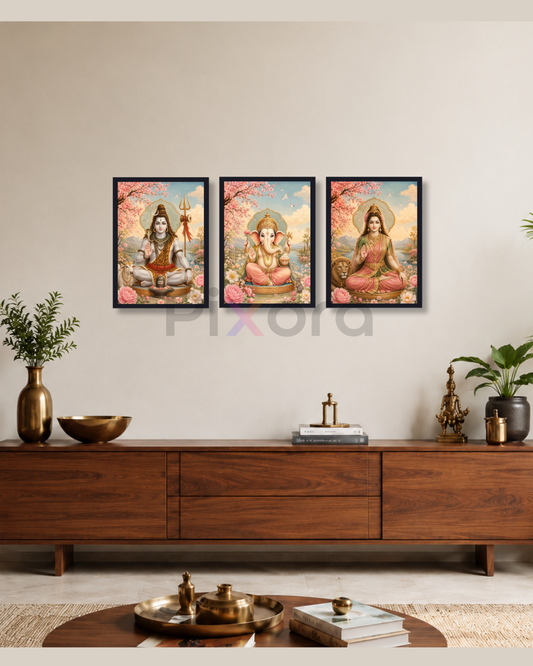 Pixora Shiv Parivar Floral Blessings Photo Frame Set of 3