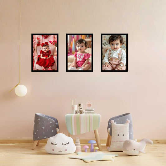 Pixora Kids Photo Frame Set of 3 Black Wall Mount Decorative Wooden A4 Picture Frames for Home Decor, Nursery, Playroom & Family Memories