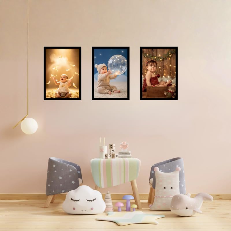Wooden Kids Photo Frame Set Black 3-Piece Wall Mount Frames Decorative A4 for Baby Memories, Kids Room Styling, Art Prints & Gift Purpose