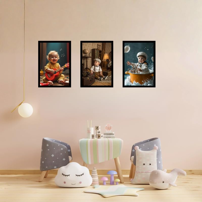 Pixora Set of 3 Wooden A4 Kids Photo Frames Stylish Black Wall Hanging Frames for Children Pictures, Artwork, Home Decor & Living Room Gallery