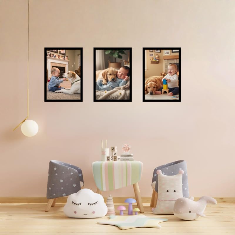 Pixora Wooden Kids Photo Frame Set of 3 A4 Size Black Wall Mount Frames for Nursery Decor, Baby Room, Home Gallery Wall & School Photography
