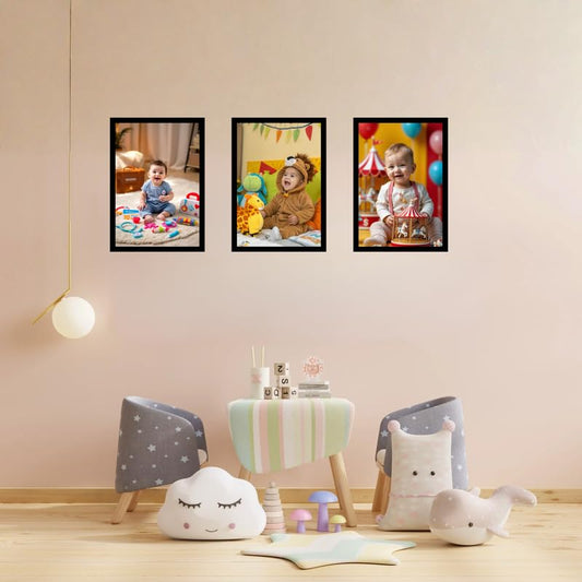 Pixora Black Wooden A4 Kids Picture Frame Trio Set of 3 Wall Mount Photo Frames for Nursery Decoration, Baby Memories, Artwork & Family Portraits