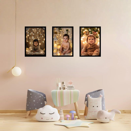 Pixora A4 Size Wooden Kids Photo Frame Set 3 Pcs Black Wall Mount Frames for Baby Growth Milestones, School Photos, Certificates & Home Decor