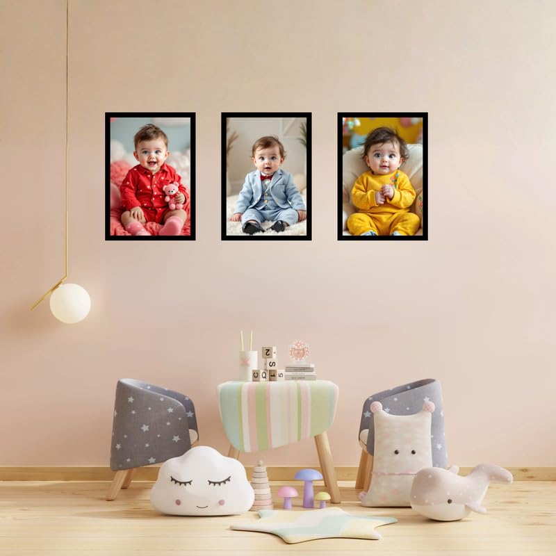 Pixora Wooden A4 Size Kids Photo Frame Set of 3 Black Wall Mount Decorative Picture Frames for Home Decor, Nursery, Playroom & Family Memories