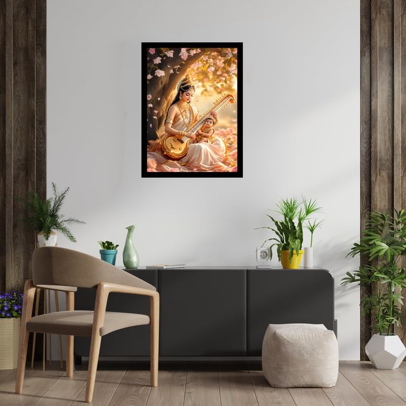 Pixora Premium Black Vastu Saraswati Mata Photo Frame A4 Size (8x12) | Single Decorative Spiritual Wall Frame for Home & Office Décor