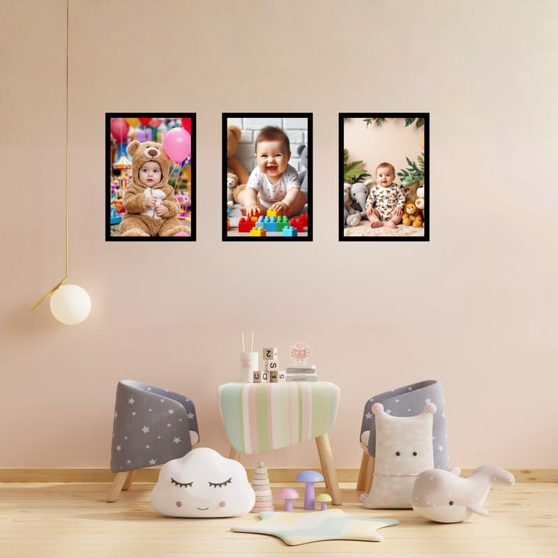 Premium Wooden Kids Photo Frame Combo Black Set of 3 Wall Mount Frames A4 Size for Baby Milestones, Certificates, Artworks & Home Decoration