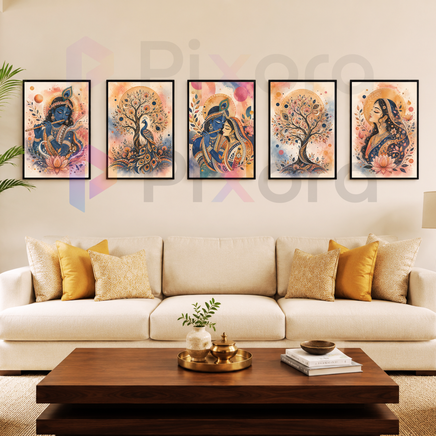Pixora Traditional Radha Krishna and Divine Forest Gallery - Set of 5 A4 Size Black Framed Spiritual Wall Decor