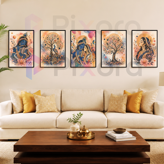 Pixora Traditional Radha Krishna and Divine Forest Gallery - Set of 5 A4 Size Black Framed Spiritual Wall Decor