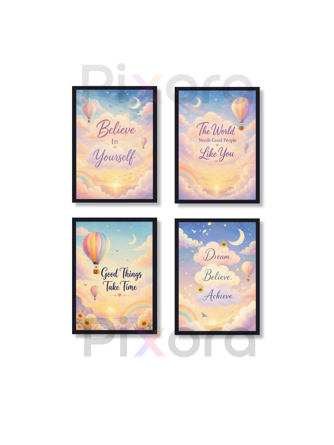 Pixora Believe, Dream & Achieve Motivational Sky Wall Art Frames - Set of 4 (A4 & A3 Size)