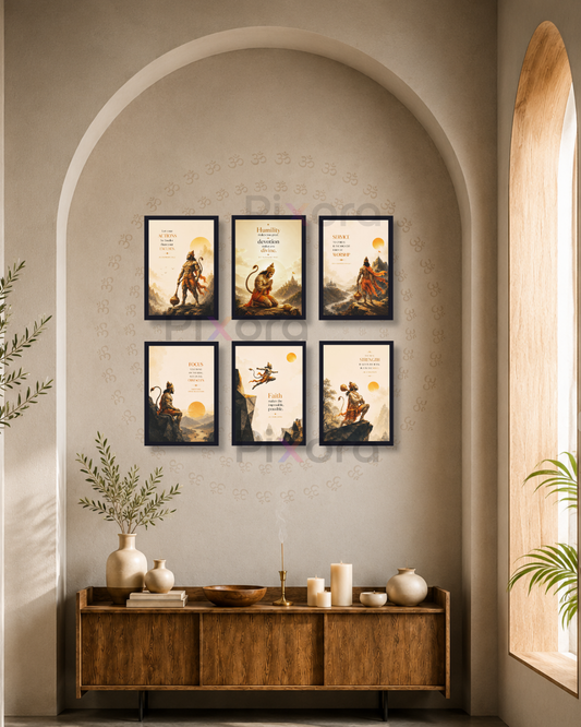 Pixora Bajrangbali Motivational Wisdom Photo Frame | Set of 6 Framed Prints for Home, Office & Pooja Room Decor