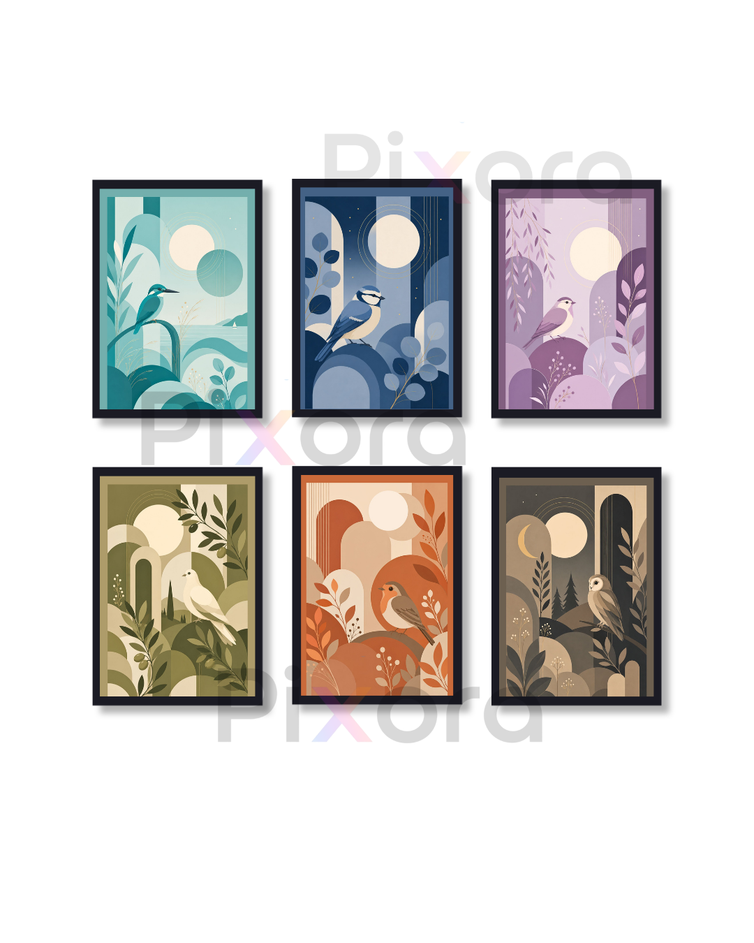 Pixora Boho Bird Nature Wall Art Set of 6 Framed Posters | A3 & A4 Size Black Frames