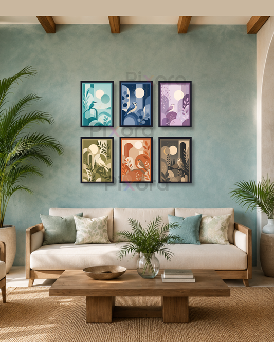 Pixora Boho Bird Nature Wall Art Set of 6 Framed Posters | A3 & A4 Size Black Frames