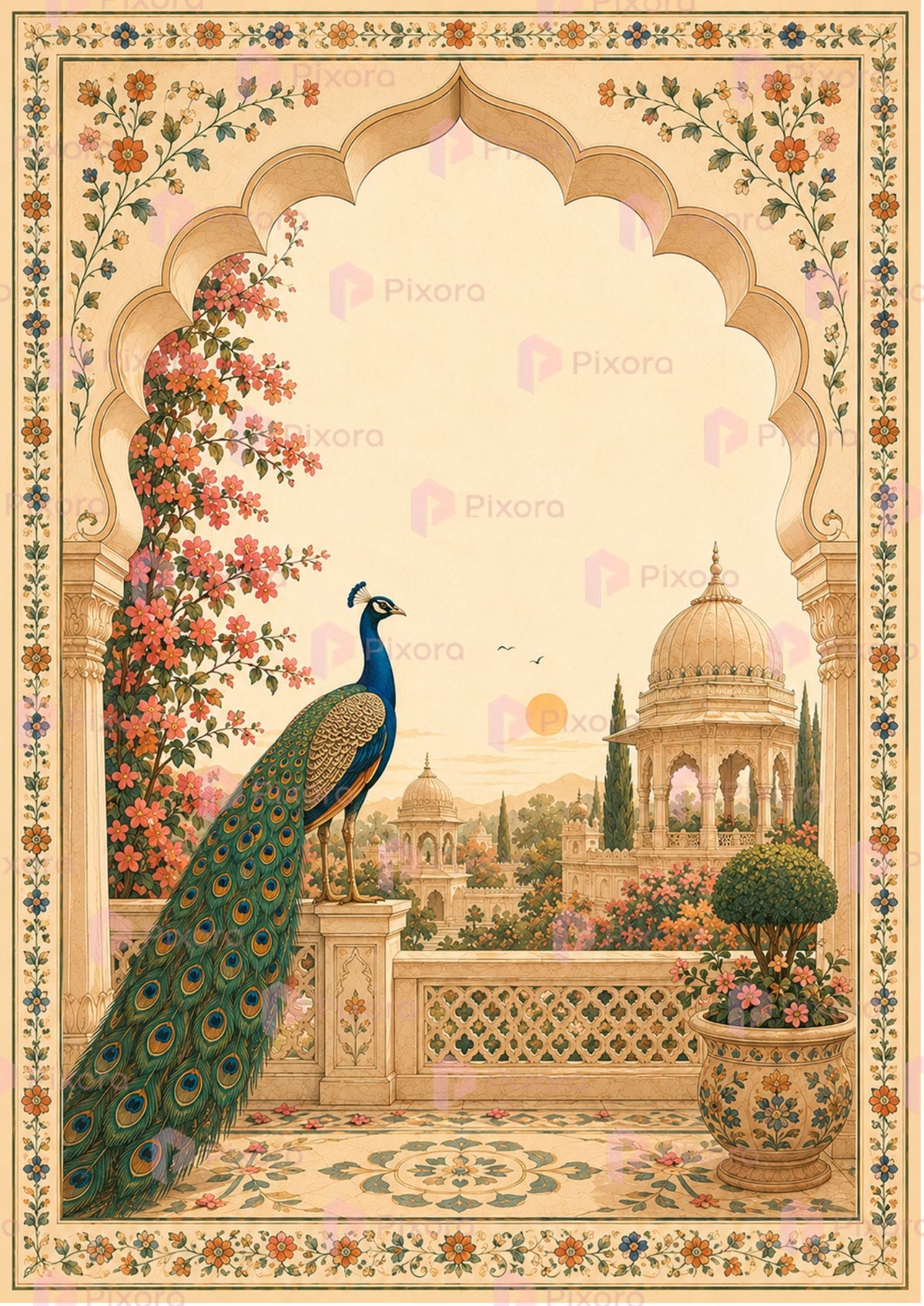 Pixora Royal Mughal Palace Peacock Photo Frame - Set of 3 Indian Heritage Art Prints