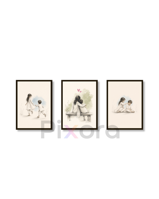 Pixora Sister & Brother Moments Photo Frame - Raksha Bandhan Gift | Set of 3 Sketch Art Prints