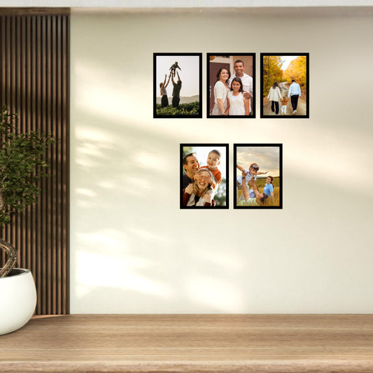 Pixora Wooden Photo Frame Set of 5 | Prime Quality Black Color Frames | Customizable Wall & Table Photo Frames for Home Decor & Gifting A4 Size (8x12)