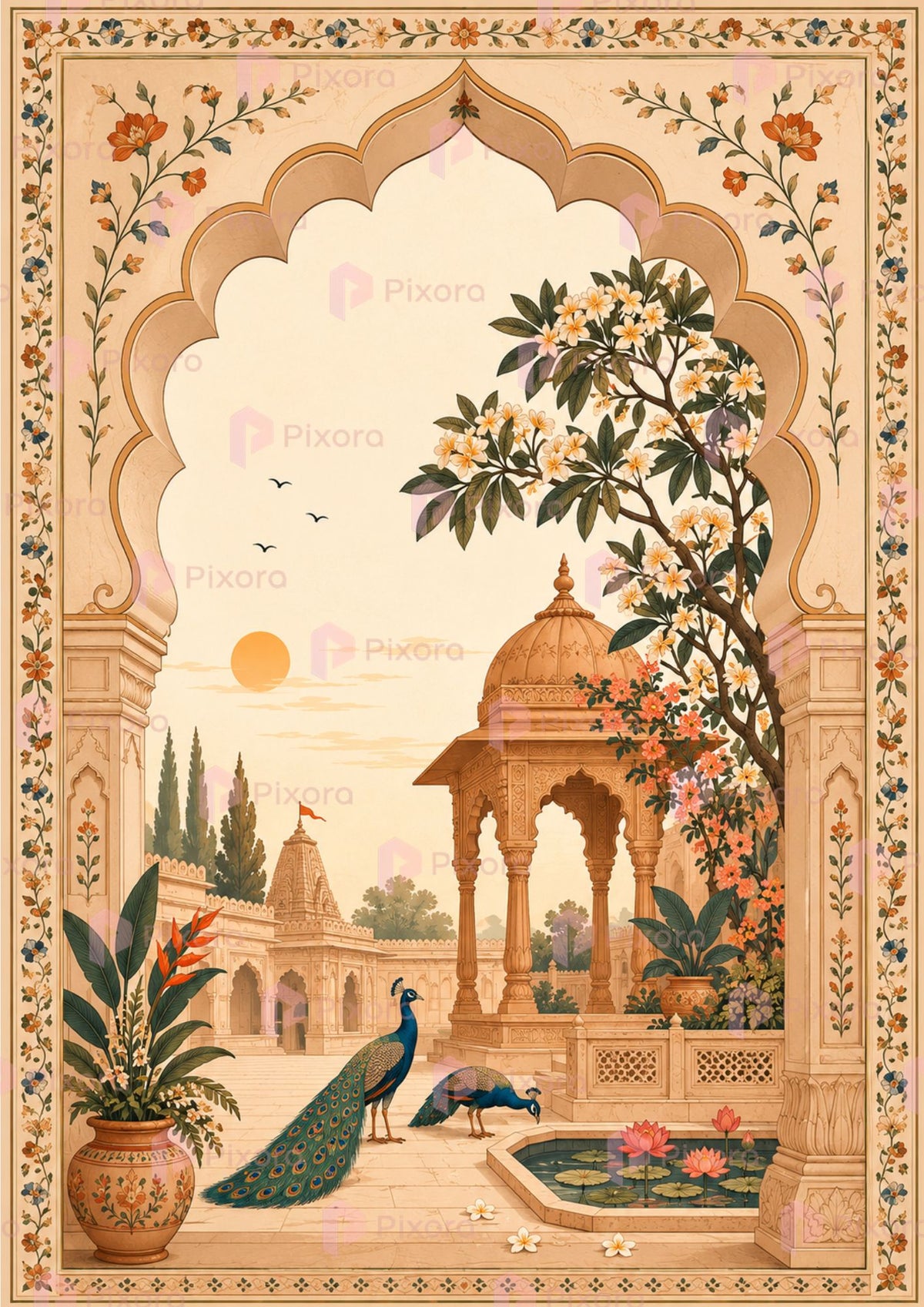 Pixora Royal Mughal Palace Peacock Photo Frame - Set of 3 Indian Heritage Art Prints