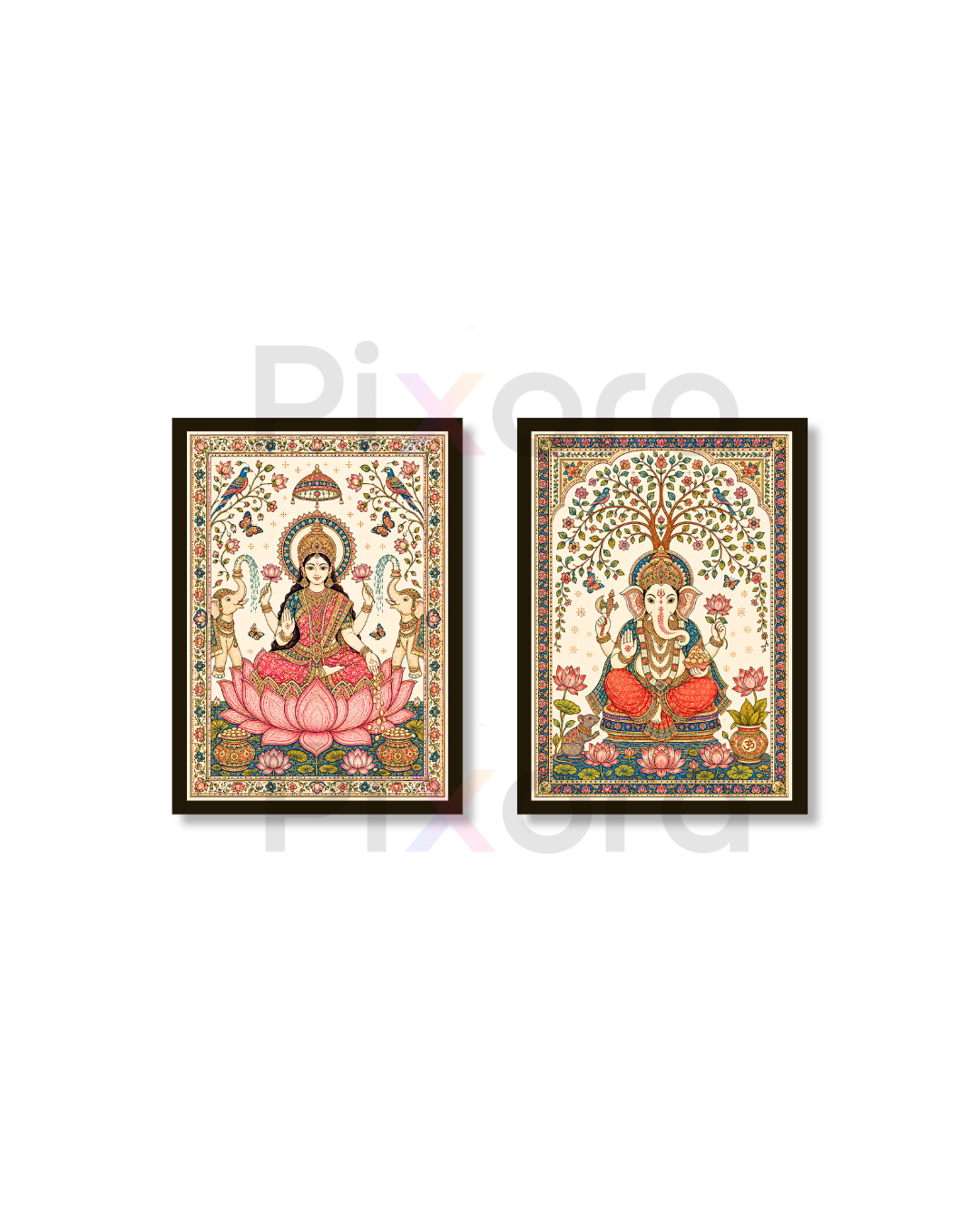 Pixora Lakshmi Ganesha Photo Frame Set of 2 | Traditional Pattachitra Style Devotional Frames for Pooja Room & Home Decor