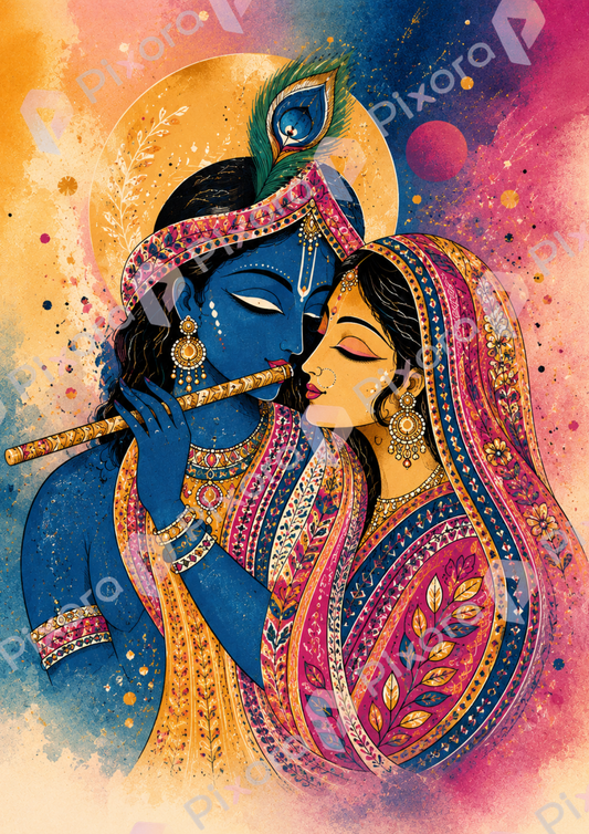 Pixora Eternal Radha Krishna Divine Love Art - A4 Size Black Framed Spiritual Wall Decor