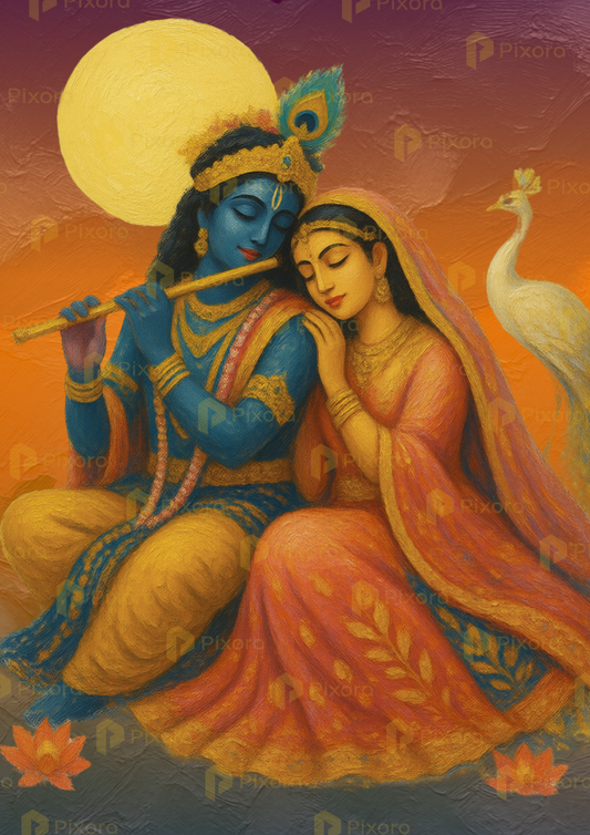 Pixora Seated Radha Krishna and White Peacock Art - A4 Size Black Framed Spiritual Wall Decor