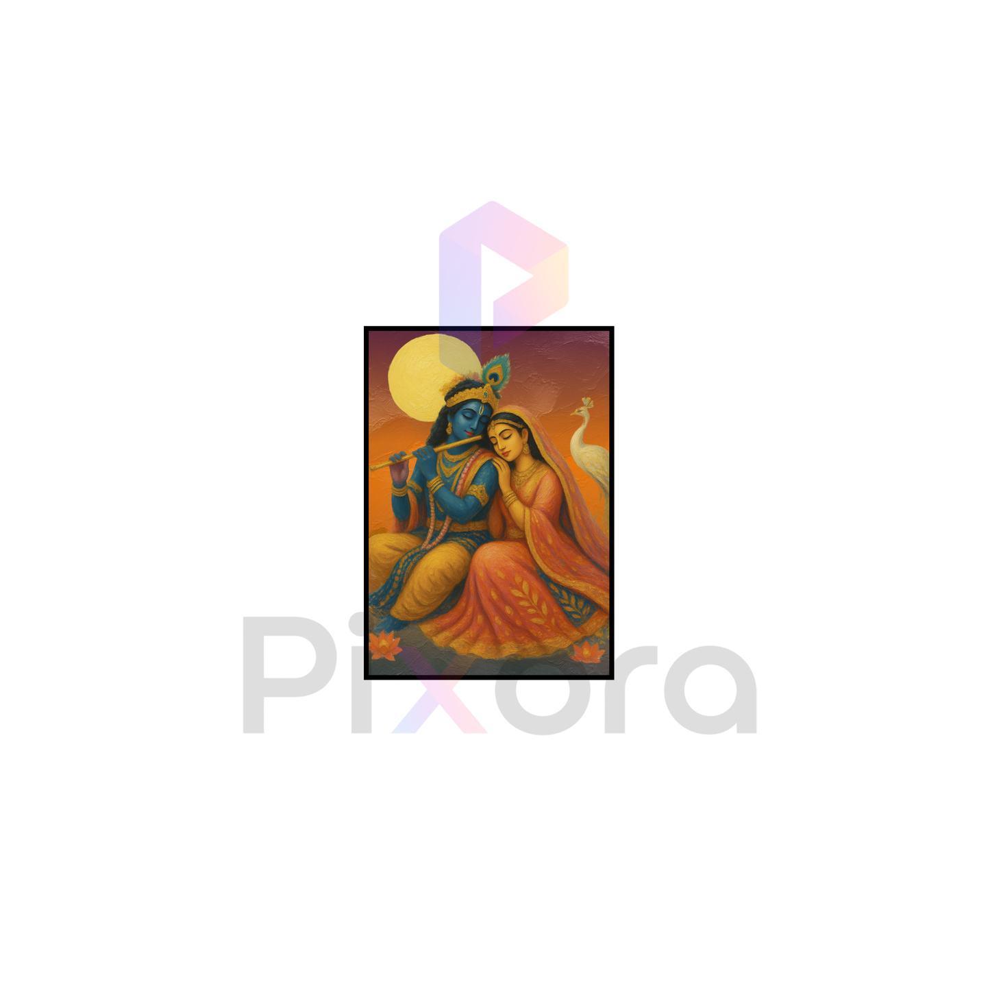 Pixora Seated Radha Krishna and White Peacock Art - A4 Size Black Framed Spiritual Wall Decor
