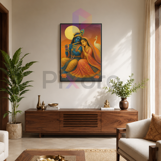 Pixora Seated Radha Krishna and White Peacock Art - A4 Size Black Framed Spiritual Wall Decor
