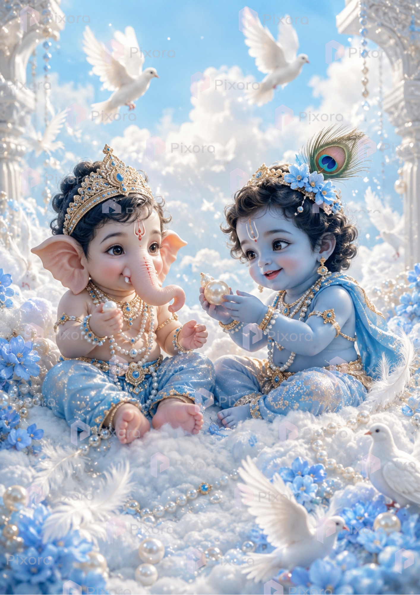 Pixora Bal Ganesha and Little Krishna Kids Room Art - Set of 3 A4 Size Black Framed Spiritual Wall Decor Gallery