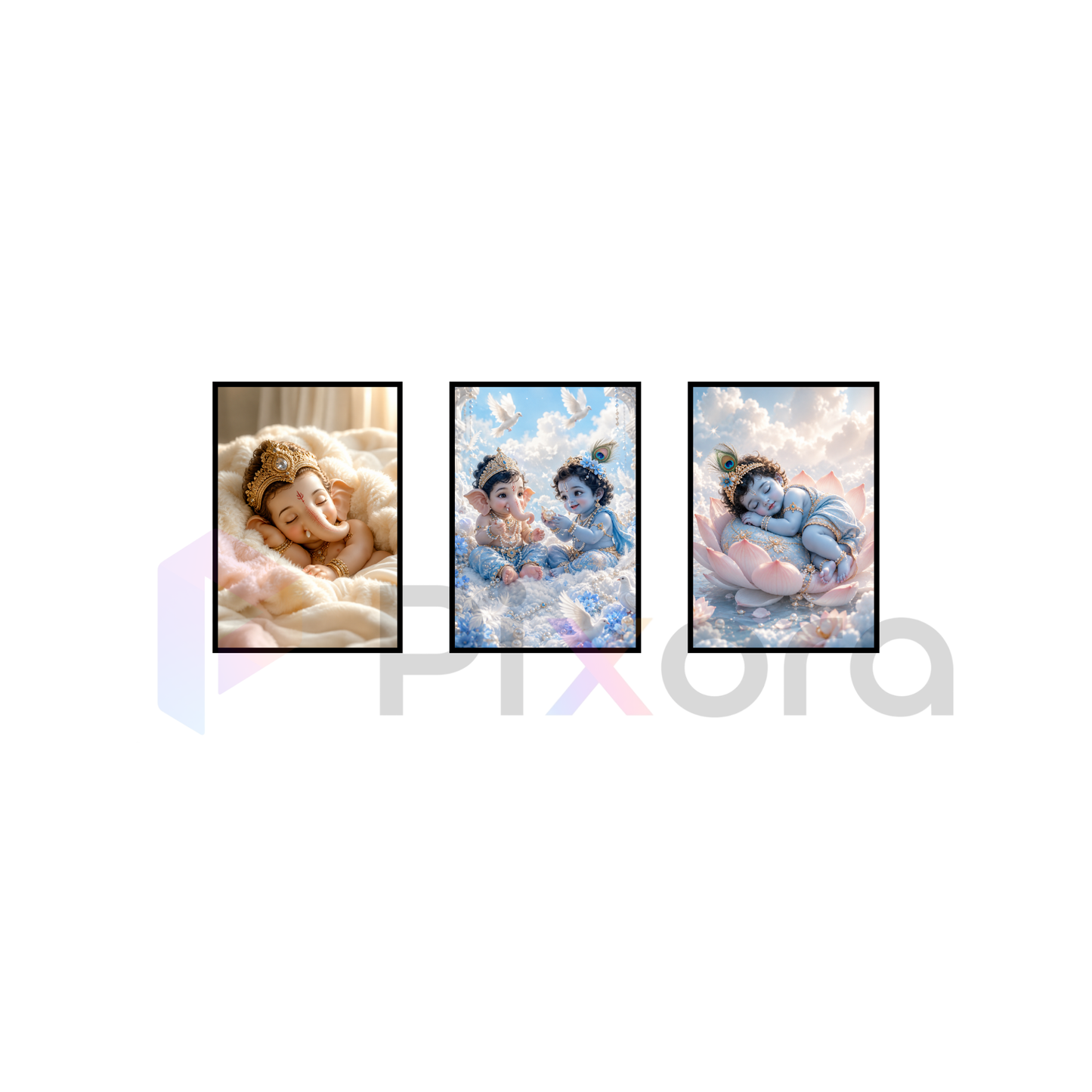 Pixora Bal Ganesha and Little Krishna Kids Room Art - Set of 3 A4 Size Black Framed Spiritual Wall Decor Gallery