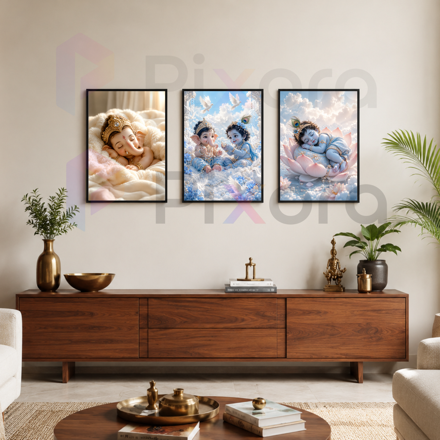 Pixora Bal Ganesha and Little Krishna Kids Room Art - Set of 3 A4 Size Black Framed Spiritual Wall Decor Gallery