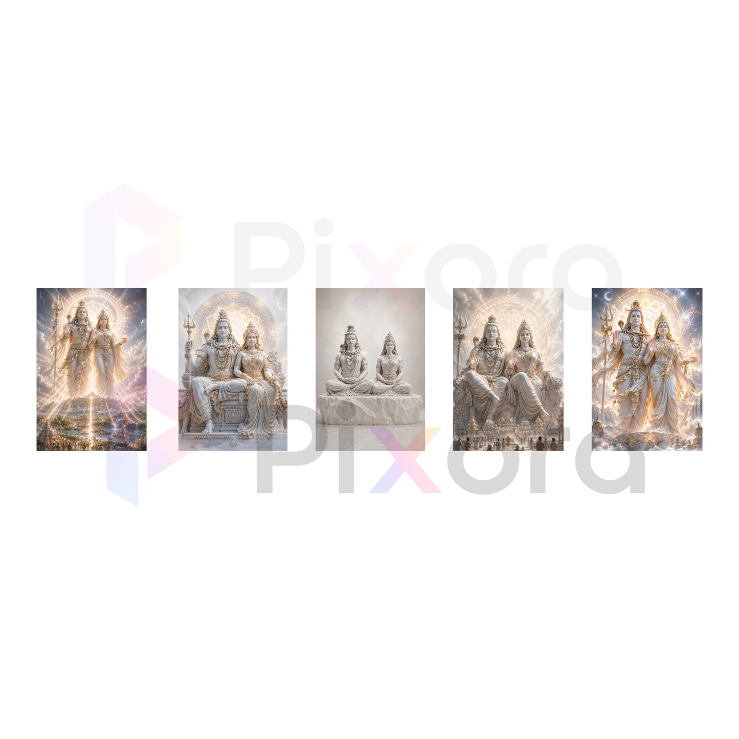 Pixora Divine Shiva Parvati Marble Sculpture Gallery - Set of 5 A4 Size Black Framed Spiritual Wall Decor