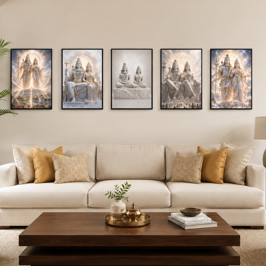 Pixora Divine Shiva Parvati Marble Sculpture Gallery - Set of 5 A4 Size Black Framed Spiritual Wall Decor