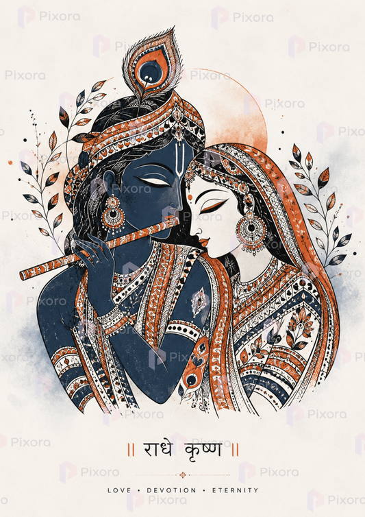 Pixora Traditional Radha Krishna, Vrindavan, and Peacock Art - Set of 3 A4 Size Black Framed Spiritual Wall Decor Gallery
