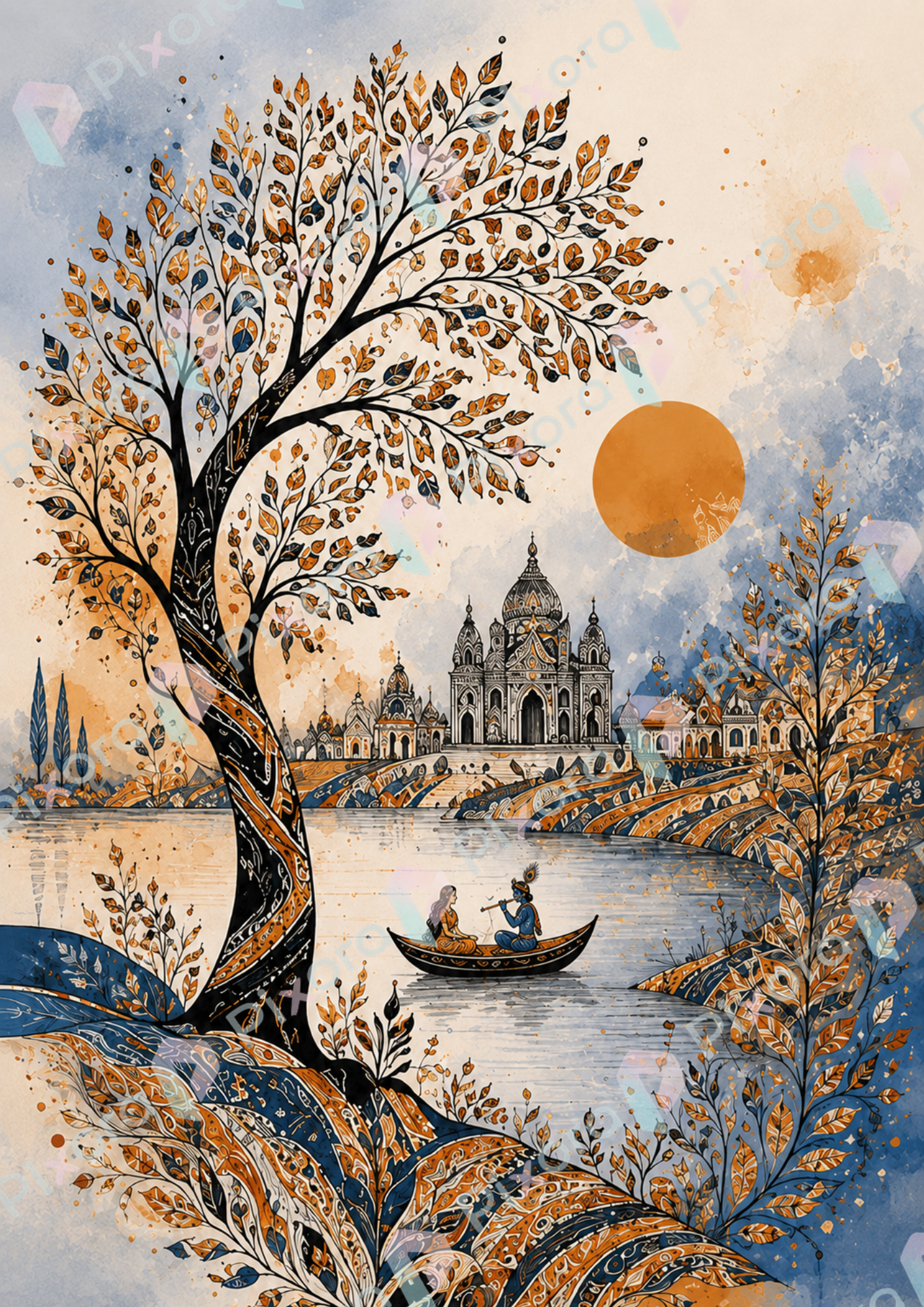 Pixora Traditional Radha Krishna, Vrindavan, and Peacock Art - Set of 3 A4 Size Black Framed Spiritual Wall Decor Gallery