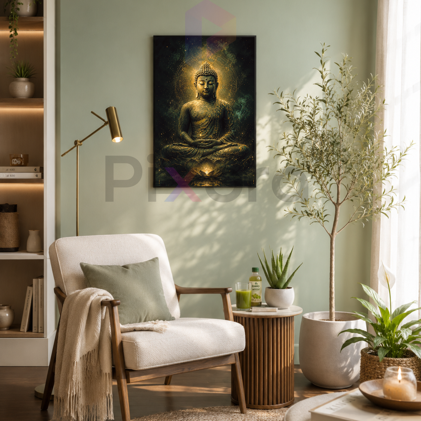 Pixora Meditating Lord Buddha on Lotus Art - A4 Size Black Framed Spiritual Wall Decor
