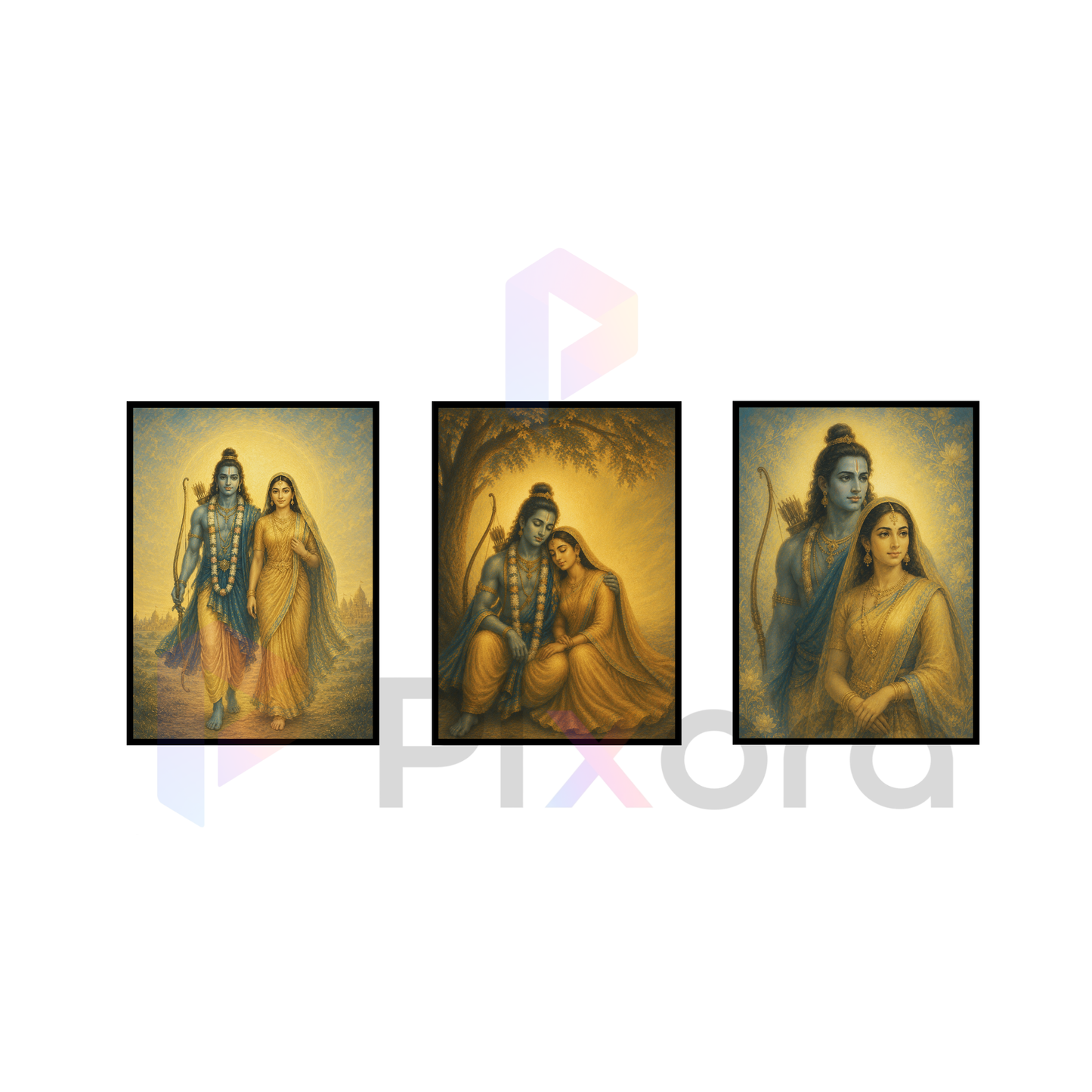 Pixora Divine Shri Ram and Sita Vanvaas Journey Art - Set of 3 A4 Size Black Framed Spiritual Wall Decor Gallery