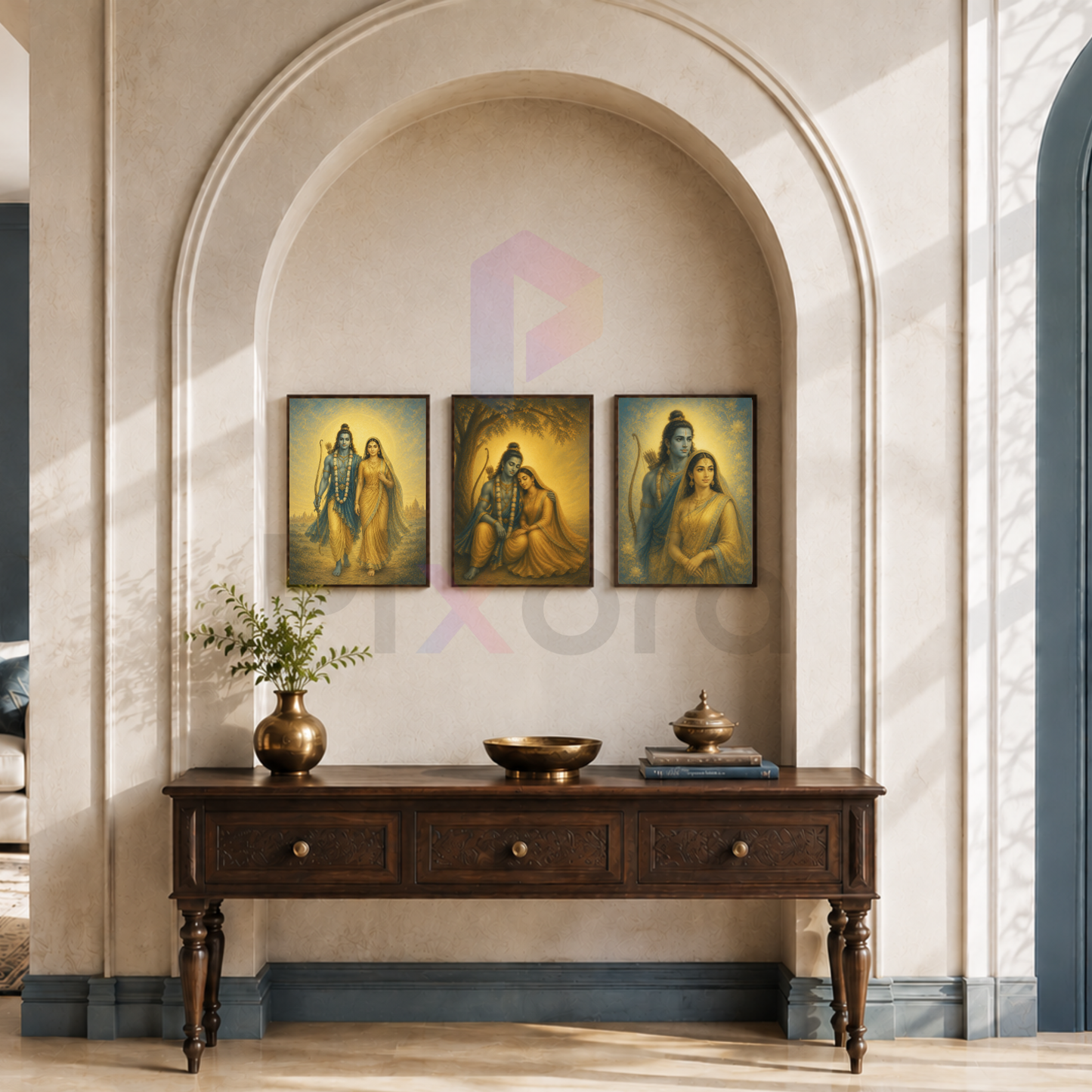 Pixora Divine Shri Ram and Sita Vanvaas Journey Art - Set of 3 A4 Size Black Framed Spiritual Wall Decor Gallery
